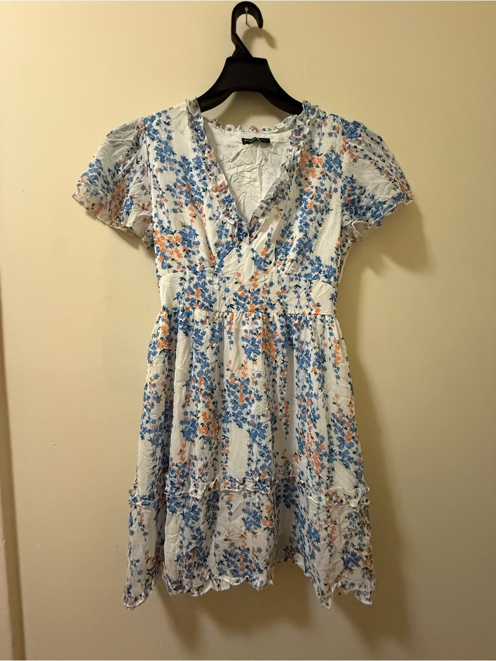 SHEIN White Floral V-Neck Short Dress with Blue & Peach Print